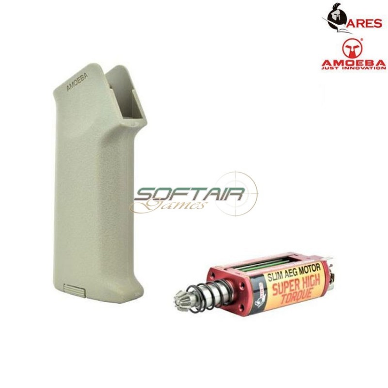 Realistic Series Combo Set Motor Grip Tan Slim + Motor Aeg Long Type Slim Super High Torque Amoeba Ares (ar-pgm6-t)