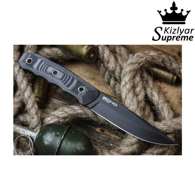 Tactical knife fixed blade echo d2 black titanium kizlyar supreme (kz-kk0062)