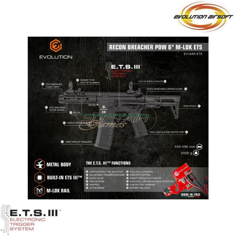 Fucile elettrico Recon Breacher PDW 6'' LC ets black evolution airsoft (ea-eh16ar-ets)