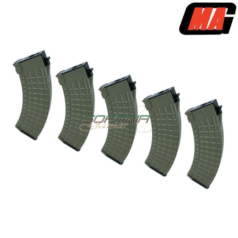 Set 5 mid-caps magazines waffle type olive drab 100bb polymer for ak47/akm aeg mag (mag-006b)