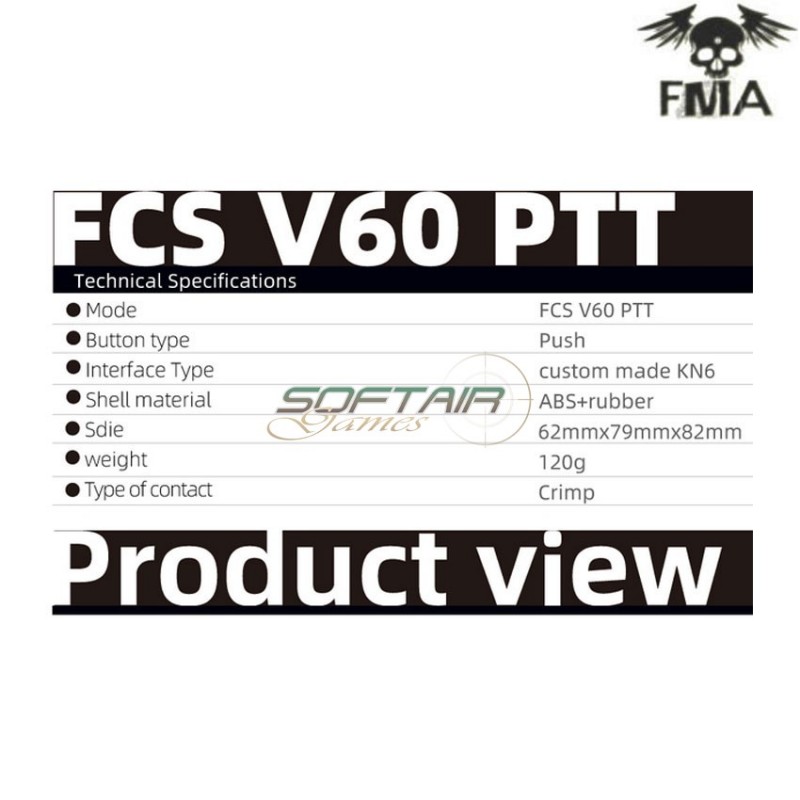 Fcs amp v60 ptt kit comtac3 black fma (fma-tb-fcs-012-bk)